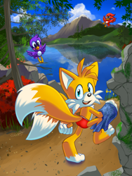 Size: 675x900 | Tagged: safe, artist:zoomswish, miles "tails" prower, bird, barefoot, boy, cute, happy, lake, looking at viewer, looking back, male, red swimsuit, smile, solo, speedo, speedos, spring, summer, swimming, swimsuit, swimwear, towel