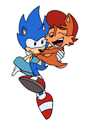Size: 1440x1920 | Tagged: safe, artist:thatsnoton, sally acorn, sonic the hedgehog, duo, flat colors, full body, grin, holding each other, mobius.social exclusive, satam, simple background, smile, white background