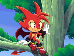 Size: 1000x750 | Tagged: safe, artist:y-firestar, oc, oc:rey the dragon, 2020, daytime, dragon, fake screenshot, gloves, looking offscreen, oc only, one fang, outdoors, shoes, sitting, smile, solo, sonic x style, tree, wings, yellow sclera