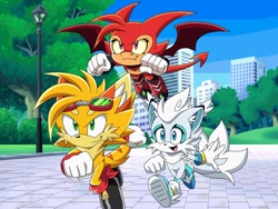 Size: 1000x750 | Tagged: safe, artist:y-firestar, oc, oc:frosty the arctic fox, oc:goldy the wild cat, oc:rey the dragon, cat, fox, 2020, abstract background, arctic fox, beanbrows, building, clenched fists, clothes, daytime, dragon, ear fluff, eyelashes, eyewear on head, fake screenshot, flying, fur markings, goggles, goggles on head, looking ahead, mid-air, outdoors, running, shoes, smile, socks, sonic x style, street light, tree, trio, wild cat, yellow sclera