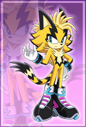 Size: 750x1100 | Tagged: safe, artist:risziarts, artist:sonictheedgehog, oc, oc:flash the cheetah, cheetah, 2022, border, chest fluff, clothes, echo background, frown, fur markings, gloves, hand on hip, looking at viewer, oc only, shoes, solo, standing