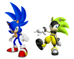 Size: 640x515 | Tagged: safe, editor:famoussector3609, sonic the hedgehog, surge the tenrec, hedgehog, tenrec, 2025, 3d, alternate hairstyle, clenched teeth, devil horns (gesture), duo, edit, hair up, looking at viewer, simple background, species swap, standing, treads, white background