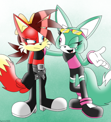Size: 3000x3300 | Tagged: safe, artist:fartist2020, fiona fox, sonar the fennec, fox, arms folded, duo, female, fennec, gradient background