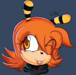 Size: 540x538 | Tagged: safe, artist:fzed, oc, oc:stingy bee, bee, 2015, blue background, clothes, eye clipping through hair, female, hair, headshot, looking offscreen, oc only, signature, simple background, smile, solo, solo female, tongue out, wink
