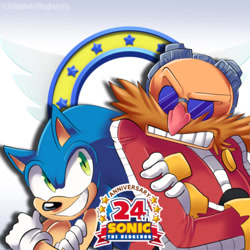Size: 1280x1280 | Tagged: dead source, safe, artist:stingybee365, robotnik, sonic the hedgehog, hedgehog, human, anniversary, arms folded, clenched teeth, duo, frown, gradient background, looking at each other, smile, smiling at them, sonic title screen banner