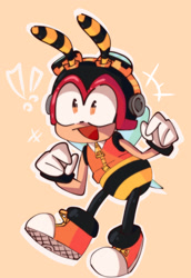 Size: 1145x1668 | Tagged: safe, artist:artartblueyy, charmy bee, bee, 2022, beige background, clenched fists, exclamation mark, happy, mouth open, open smile, outline, simple background, smile, solo