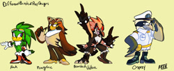 Size: 1280x528 | Tagged: safe, artist:artisyone, jet the hawk, oc, bird, 2022, bearded vulture, clothes, devil horns (gesture), english text, group, hawk, looking at viewer, male, males only, osprey, peregrine falcon, red sclera, signature, simple background, smile, standing, text, vulture, yellow background