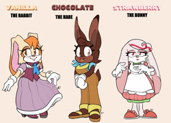 Size: 1280x922 | Tagged: safe, artist:artisyone, vanilla the rabbit, oc, oc:chocolate the hare, oc:strawberry the bunny, rabbit, 2022, bunny, character name, clothes, dress, english text, female, females only, flat colors, hare, looking at viewer, looking offscreen, simple background, standing, text, trio, trio female