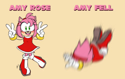 Size: 1280x809 | Tagged: safe, artist:artisyone, amy rose, hedgehog, 2022, blushing, character name, double v sign, duality, english text, falling, female, flat colors, looking at viewer, motion blur, mouth open, open smile, simple background, smile, smiling at viewer, solo, solo female, standing, text, v sign, wordplay