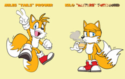 Size: 1280x809 | Tagged: safe, artist:artisyone, miles "tails" prower, fox, 2022, character name, duality, english, english text, flat colors, frown, holding something, male, mid-air, signature, simple background, smile, solo, solo male, standing, steam, tea, teacup, text, v sign, wordplay, yellow background