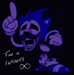 Size: 1024x1034 | Tagged: safe, artist:lumspark, sonic the hedgehog, sonic cd, 2020, black background, classic sonic, english text, fun is infinite, infinity symbol, mouth open, nightmare fuel, outline, pointing, redraw, simple background, solo, text