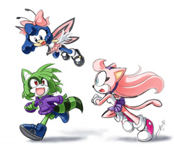 Size: 1402x1205 | Tagged: safe, artist:chibi-jen-hen, oc, oc:crystal the cat, oc:ruby the racoon, oc:sapphire the butterfly, cat, raccoon, 2011, butterfly, flying, looking at each other, looking at them, mid-air, mouth open, open smile, running, signature, simple background, smile, smiling at each other, smiling at them, trio, white background