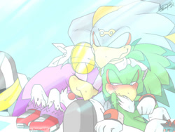 Size: 1024x768 | Tagged: safe, artist:andreahedgehog, jet the hawk, storm the albatross, wave the swallow, bird, 2013, babylon rogues, blushing, cute, eyes closed, frown, gradient background, lidded eyes, signature, sitting, sleeping, smile, trio
