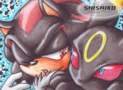 Size: 701x510 | Tagged: safe, artist:pichu-chan, shadow the hedgehog, hedgehog, 2008, abstract background, crossover, duo, looking at each other, mouth open, one eye closed, pokemon, red sclera, signature, traditional media, umbreon