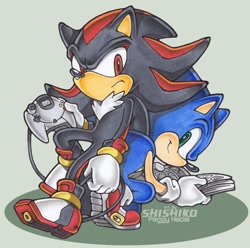 Size: 848x840 | Tagged: safe, artist:pichu-chan, shadow the hedgehog, sonic the hedgehog, hedgehog, 2011, back to back, controller, dreamcast, frown, grey background, holding something, leaning on them, looking at them, looking at viewer, signature, simple background, smile, uekawa style