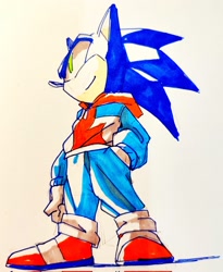 Size: 1679x2048 | Tagged: safe, artist:stupidfred0, sonic the hedgehog, hedgehog, 2025, clothes, from below, hand in pocket, hoodie, pants, simple background, smile, solo, standing, traditional media