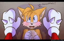 Size: 1500x967 | Tagged: safe, artist:roach_the_dog, knuckles the echidna, miles "tails" prower, echidna, fox, 2023, against wall, age difference, blushing, dialogue, duo, gay, gradient background, knuxails, looking at viewer, pinning them, pov, shadow (lighting), shipping, signature, solo focus, standing, text