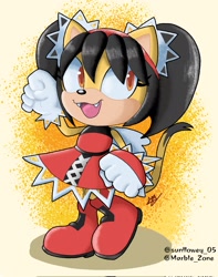 Size: 1617x2048 | Tagged: safe, artist:itsunflowey, honey the cat, cat, 2022, abstract background, clenched fists, clothes, fangs, looking back, looking offscreen, mouth open, open smile, paw pose, signature, smile, solo, standing