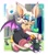 Size: 1822x2048 | Tagged: safe, artist:honowyn, rouge the bat, bat, chao, skunk, sonic adventure 2, 2023, abstract background, border, chao garden, cleavage, clouds, dark chao, daytime, duo focus, ear fluff, female, grass, headpats, literal animal, outdoors, petting, signature, smile, squatting, treasure scope, trio, water, waterfall