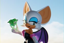 Size: 1440x960 | Tagged: safe, artist:_strawberiie_, rouge the bat, bat, sonic adventure 2, 2025, 3d, chaos emerald, clouds, fangs, holding something, lidded eyes, looking at viewer, mouth open, open smile, smile, solo