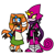 Size: 691x691 | Tagged: dead source, safe, artist:chocochurroz, espio the chameleon, tikal, echidna, lizard, 2025, belt, chameleon, dark skin, dress, duo, female, flat colors, katana, male, redesign, scarf, simple background, smile, standing, white background, yellow sclera