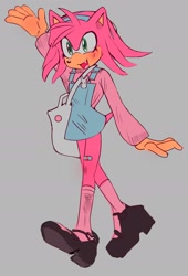 Size: 1272x1876 | Tagged: safe, artist:finalrushed, amy rose, 2021, alternate outfit, amybetes, bag, bandaid, bandaid on knee, blushing, clothes, cute, dress, gloves off, grey background, looking offscreen, mary-janes, mouth open, one fang, open smile, overalls, shoes, simple background, smile, socks, solo, sweater