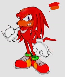 Size: 1132x1326 | Tagged: safe, artist:finalrushed, knuckles the echidna, 2021, blushing, grey background, redraw, simple background, smile, smiling at viewer, solo, standing