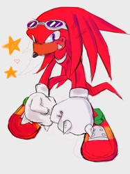 Size: 1116x1491 | Tagged: safe, artist:finalrushed, knuckles the echidna, 2021, blushing, clenched fists, eyewear on head, goggles, goggles on head, grey background, redraw, simple background, smile, smiling at viewer, solo, star (symbol)