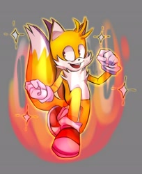 Size: 1669x2048 | Tagged: safe, artist:drawdrugz, miles "tails" prower, super tails, 2021, clenched fists, flying, grey background, looking offscreen, mid-air, mouth open, open smile, outline, simple background, smile, solo, sonic and tails r (series), sparkles, super form