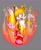 Size: 1669x2048 | Tagged: safe, artist:drawdrugz, miles "tails" prower, super tails, fox, 2021, clenched fists, fire, flying, grey background, looking offscreen, male, mid-air, mouth open, open smile, outline, simple background, smile, solo, sonic and tails r (series), sparkles, super form