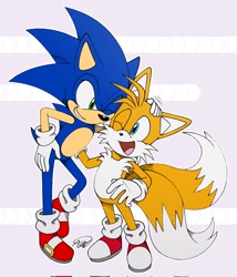 Size: 1752x2048 | Tagged: safe, artist:aur0raaura, miles "tails" prower, sonic the hedgehog, 2023, abstract background, duo, hand on head, headpats, looking at each other, signature, smile, smiling at each other, sonic and tails r (series), standing, wink, winking at each other, winking at them
