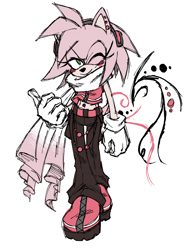 Size: 1096x1450 | Tagged: safe, artist:murkybouquet, amy rose, hedgehog, 2023, alternate outfit, blushing, boots, clothes, ear piercing, earring, flat colors, pants, scarf, shirt, simple background, smile, smiling at viewer, solo, standing, thumbs up, white background, wink, winking at viewer