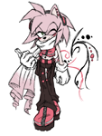 Size: 1096x1450 | Tagged: safe, artist:murkybouquet, amy rose, hedgehog, 2023, alternate outfit, blushing, boots, clothes, ear piercing, earring, flat colors, pants, scarf, shirt, simple background, smile, smiling at viewer, solo, standing, thumbs up, white background, wink, winking at viewer
