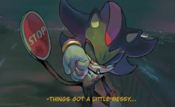 Size: 968x593 | Tagged: safe, artist:sonickkuto, shadow the hedgehog, hedgehog, 2025, abstract background, blood, dialogue, english text, lidded eyes, nighttime, outdoors, railing, road, road sign, sign, solo, standing, stop sign, text, wiping face