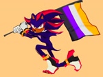 Size: 2048x1523 | Tagged: safe, artist:finalrushed, shadow the hedgehog, 2021, flag, holding something, looking at viewer, nonbinary, nonbinary pride, orange background, pride, pride flag, simple background, solo, solo nonbinary