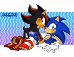 Size: 2048x1582 | Tagged: safe, artist:flipthycanvas, shadow the hedgehog, sonic the hedgehog, 2025, abstract background, blushing, duo, gay, looking at viewer, shadow x sonic, shipping, uekawa style