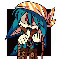 Size: 356x356 | Tagged: safe, artist:why_z3033, kit the fennec, 2025, abstract background, alternate outfit, boots, clothes, cute, eye clipping through hair, headscarf, holding something, kitabetes, looking offscreen, mouth open, one fang, pirate outfit, rope, solo