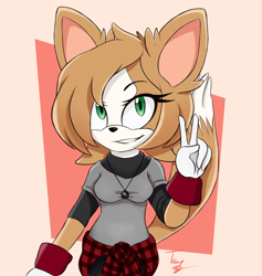 Size: 2100x2219 | Tagged: safe, artist:taylormaede, oc, dog, 2020, abstract background, clothes, corgi, green eyes, jacket, jacket around waist, looking at viewer, necklace, oc only, pants, shirt, signature, smile, smiling at viewer, solo, standing, v sign