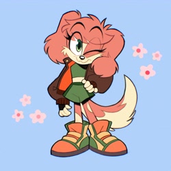 Size: 2048x2048 | Tagged: safe, artist:pinkystari, oc, dog, 2022, :3, blue background, cavalier king charles spaniel, clothes, crop top, eye clipping through hair, eyebrow clipping through hair, flower, gloves, green eyes, jacket, oc only, open jacket, shoes, shorts, simple background, smile, smiling at viewer, solo, standing, wink, winking at viewer