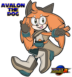 Size: 2102x2251 | Tagged: safe, artist:bubbleslou, oc, oc:avalon the dog, dog, sonic adventure 2, 2017, beanbrows, boots, character name, clothes, fingerless gloves, gloves, hat, looking at viewer, oc only, shirt, shorts, simple background, solo, style emulation, text, transparent background, uekawa style