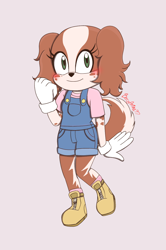 Size: 850x1280 | Tagged: safe, artist:berryanime-97, oc, oc:cocoa the cavalier, dog, 2025, blushing, cavalier king charles spaniel, clothes, flat colors, freckles, fur markings, gloves, green eyes, grey background, oc only, overalls, shirt, shoes, signature, simple background, solo, standing