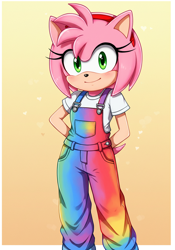 Size: 896x1280 | Tagged: safe, ai art, amy rose, hedgehog, 2025, alternate outfit, blushing, border, clothes, gradient background, hands behind back, looking at viewer, overalls, prompter:nickisfun, smile, smiling at viewer, solo, standing
