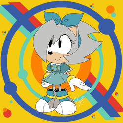 Size: 1280x1280 | Tagged: safe, artist:cherryessence, oc, hedgehog, sonic mania, 2025, abstract background, clothes, cute, dress, flat colors, gloves, hair, hair over one eye, headscarf, looking offscreen, oc only, ocbetes, shoes, signature, smile, solo, standing, style emulation