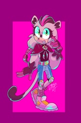 Size: 1342x2048 | Tagged: safe, artist:startslittle, oc, oc:penelope the sugar glider, 2020, abstract background, belt, clothes, ear fluff, gloves, hair, jeans, kneepads, mouth open, oc only, open smile, pants, poncho, shirt, shoes, signature, smile, smiling at viewer, socks, solo, standing, standing on one leg, sugar glider