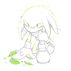 Size: 800x800 | Tagged: safe, artist:mas2a, knuckles the echidna, 2014, alternate eye color, flat colors, green eyes, hand on ground, hand on knee, line art, looking at viewer, master emerald shard, monochrome, simple background, solo, spot color, white background