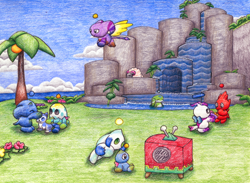 Size: 1500x1100 | Tagged: safe, artist:moonbowdragon, chao, raccoon, sheep, 2020, abstract background, chao egg, chao fruit, chao garden, chaos chao, character chao, clouds, daytime, eggshell, flower, flying, grass, group, hero chao, literal animal, lying down, lying on side, neutral chao, neutral chaos chao, outdoors, petting, sitting, sonic chao, standing, traditional media, tree, tv, water, waterfall
