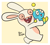 Size: 821x746 | Tagged: safe, artist:jamipurpleflower, chao, 2023, border, carrying them, crossover, cute, duo, eyes closed, holding them, mouth open, neutral chao, open smile, rabbid, signature, simple background, smile, walking, yellow background