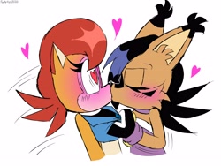 Size: 4000x3000 | Tagged: safe, artist:fartist2020, nicole the hololynx, sally acorn, blushing, grabbing shirt, heart, heart eyes, kiss, lesbian, nicole x sally, shipping, simple background, white background