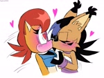 Size: 4000x3000 | Tagged: safe, artist:fartist2020, nicole the hololynx, sally acorn, chipmunk, lynx, squirrel, blushing, duo, female, grabbing shirt, heart, heart eyes, hololynx, kiss, lesbian, nicole x sally, shipping, simple background, white background