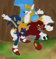 Size: 3198x3401 | Tagged: safe, artist:crazyechidnalady, knuckles the echidna, miles "tails" prower, sonic the hedgehog, sonic heroes, 2025, abstract background, alternate universe, daytime, dust clouds, glasses, looking at viewer, looking offscreen, mid-air, outdoors, posing, redesign, redraw, smile, smiling at viewer, team sonic, trio